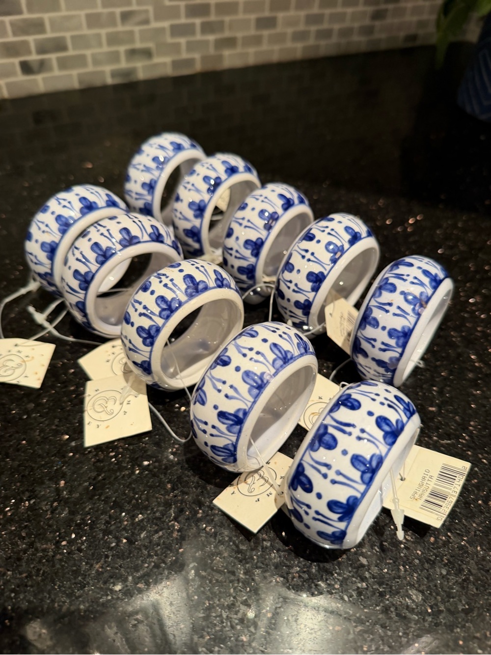 Vintage Lot of 10 Kemp & Beatley Blue & White Footed  Porcelain Napkin Rings NWT